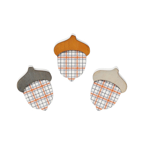 Lg. Or/Gry Plaid Acorns, Set of 3