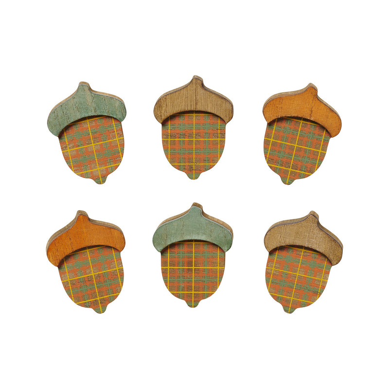 Sm. Wood Plaid Acorns, Set of 6