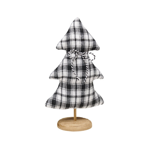 Med. BW Plaid Fabric Tree on Rough Wood Base