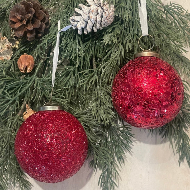 3" Red Glitzy Glass Bulbs, Asst of 4 